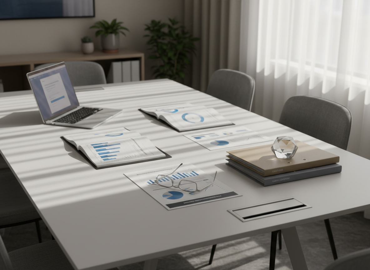 A neatly arranged consulting workspace featuring a large, matte white conference table with a structured spread of open reports, a slim silver laptop, and a pair of minimalist reading glasses folded precisely atop a printed strategy document. A geometric glass paperweight anchors a small stack of businesslike folders in muted taupe and slate. Natural daylight filters in from the right through a sheer curtain, creating soft, linear shadows that reinforce the sense of order. Captured from a slightly elevated angle with medium depth of field, every object remains crisp and intentionally placed. The mood is analytical, calm, and professional, suggesting expert advisory work. Photographic realism with a clean, corporate aesthetic and neutral palette underscores Katherine Thompson’s consulting and expert witness services.