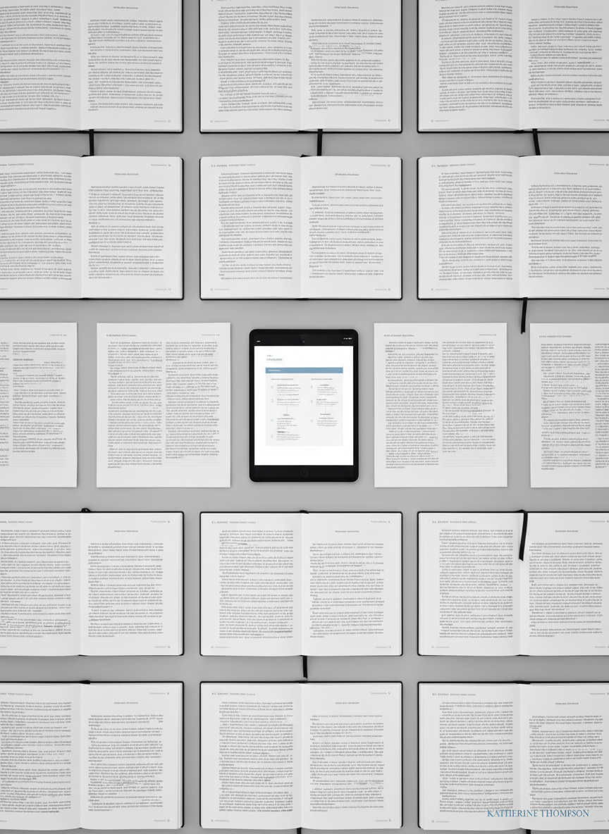An orderly grid of open notebooks and printed manuscript pages laid out on a smooth, light grey tabletop, each page filled with neatly formatted text and clean editorial markings in muted blue. A minimalist tablet displaying a structured outline sits at the center, its screen showing chapter headings and bullet points. Overhead, diffused studio lighting creates even illumination with soft shadows between the papers, highlighting the organized layout. Captured from a perfectly top-down, bird’s-eye view, the composition feels precise and methodical. The atmosphere is focused and professional, suggesting disciplined writing and editorial planning. Photographic realism with a corporate, neutral-toned aesthetic emphasizes clarity, structure, and Katherine Thompson’s meticulous approach to authorship.