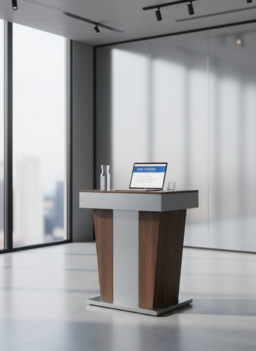 A modern lecture podium made of brushed aluminum and dark walnut veneer stands alone in a minimalist conference room. On its flat surface sits a slim, open laptop showing a structured slide with a title and bullet points, next to a glass carafe of water and a single clear tumbler. Behind the podium, a large, frosted glass panel hints at a city skyline blurred beyond. Cool, diffused overhead lighting and a subtle side glow from floor-to-ceiling windows create refined, soft shadows. Shot from a slightly low, three-quarter angle, the podium appears confident and central. The mood is polished and corporate, evoking keynote speaking and professional presentations in a clean, photographic style with balanced composition and neutral greys, whites, and wood tones.