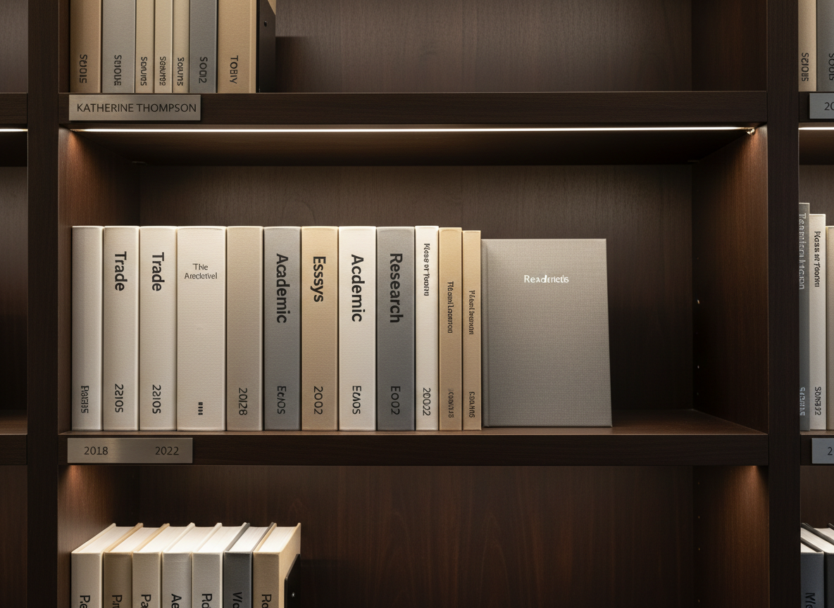 A refined library shelf composed of smooth, dark wood, holding a curated row of neutral-toned books with understated spines labeled “Trade,” “Academic,” “Essays,” and “Research” in clean typography. Interspersed are a few slim journals with textured covers in muted graphite and sand colors. Small metal shelf labels, engraved with years, introduce a subtle archival feel. Soft, warm-white track lighting from above creates delicate highlights on the edges of the book spines, casting gentle, vertical shadows along the back panel. Shot at eye level with a slightly compressed perspective, the composition emphasizes rhythm and structure across the shelf. The mood is scholarly yet contemporary, portraying Katherine Thompson’s range of publications in a photographic, minimalist, and corporate style.